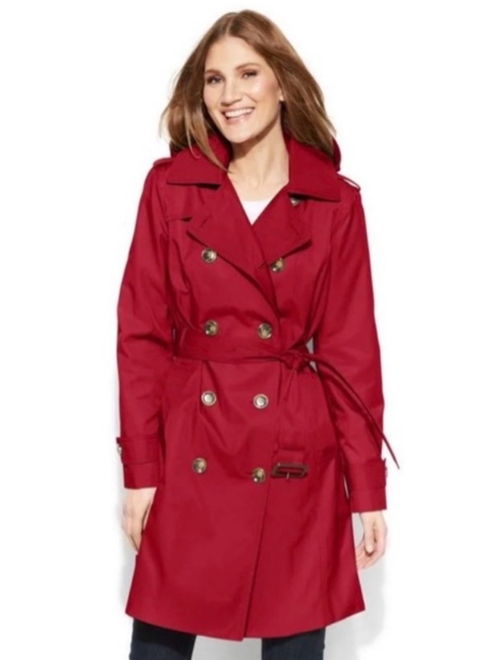 London Fog Burgundy Double-Breasted Hooded Lined Trench Coat Size XL